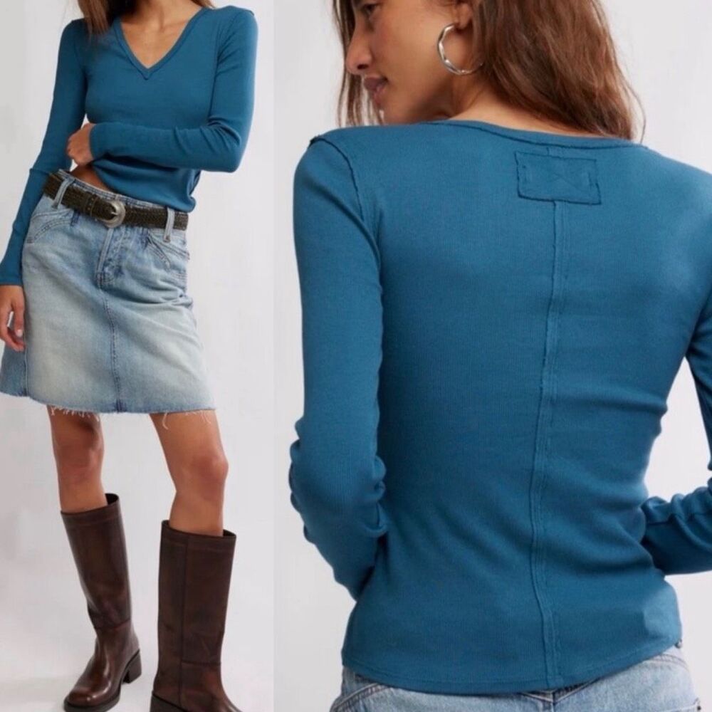 Free People We The Free Neria Ribbed V Neck Top L Blue NEW